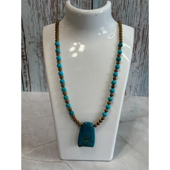 Southwestern Blue Phoenix Stone Faux Turquoise Brass Beaded Necklace - Picture 2 of 7